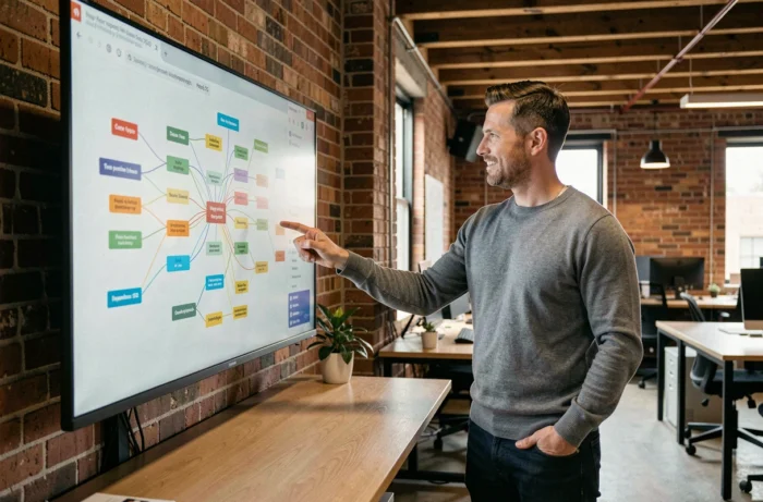 Consultant SEO montrant la structure d'un sitemap de site web sur un grand écran dans un espace de coworking