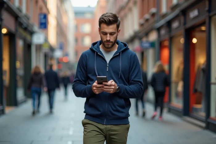 Homme consultant son espace habillement sur smartphone dans une rue commerçante en ville
