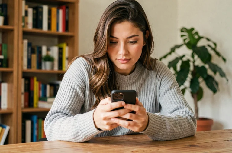 Jeune femme consultant discrètement des stories Instagram sur son smartphone depuis son bureau à domicile