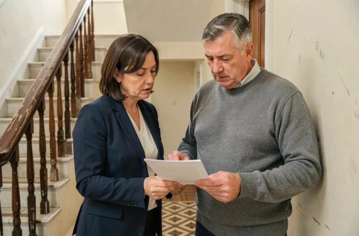 Deux copropriétaires d'un immeuble de 2 lots examinent ensemble les documents de règlement de copropriété dans le couloir partagé