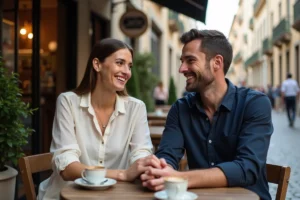 Couple amoureux riant ensemble à une terrasse de café en Europe, mains enlacées sur une table en bois rustique