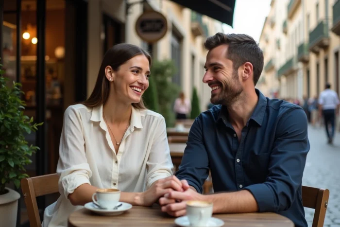 Couple amoureux riant ensemble à une terrasse de café en Europe, mains enlacées sur une table en bois rustique