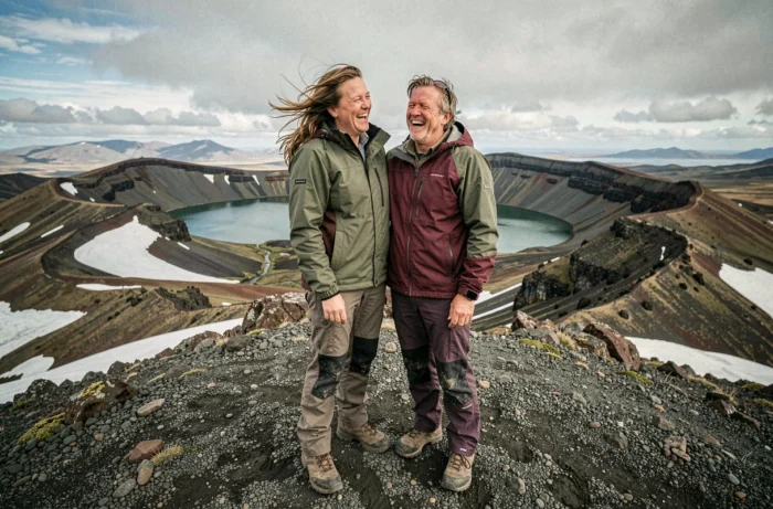 Een Bretonse expatrié koppel lachend op de Tongariro Alpine Crossing, omringd door de spectaculaire vulkanische landschappen van Nieuw-Zeeland