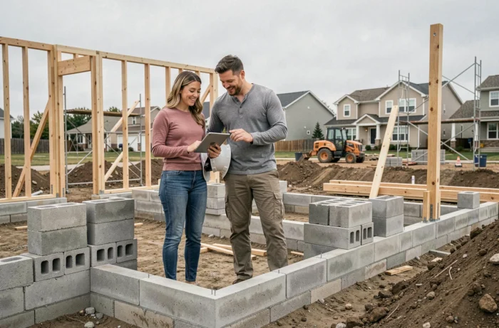 Koppel dat de bouwplaats van hun toekomstige huis bezoekt, staande op de betonnen funderingen met bouwmaterialen om hen heen