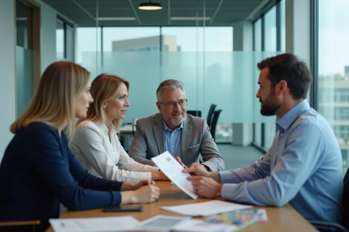 Couple discutant des avantages de l'assurance Club 14 avec un conseiller professionnel en agence