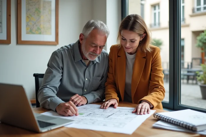 Couple consultant un plan de bien immobilier dans une agence Immo Proxima