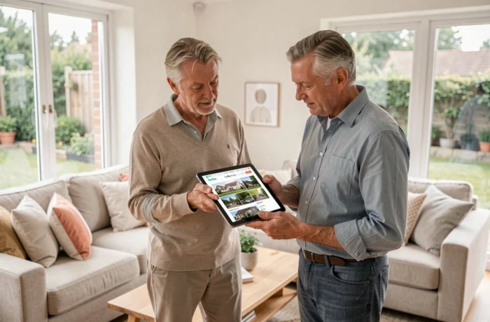 Couple consultant une annonce immobilière sur tablette dans un salon bien aménagé prêt à la vente