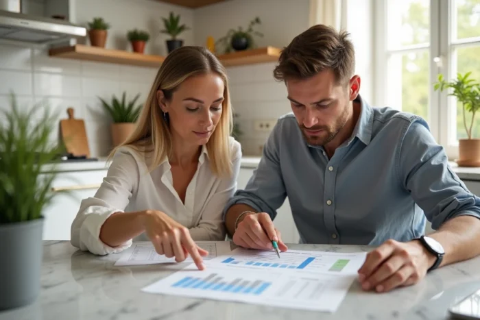 Couple examinant un tableau d'amortissement pour un crédit immobilier sur 25 ans dans une cuisine moderne
