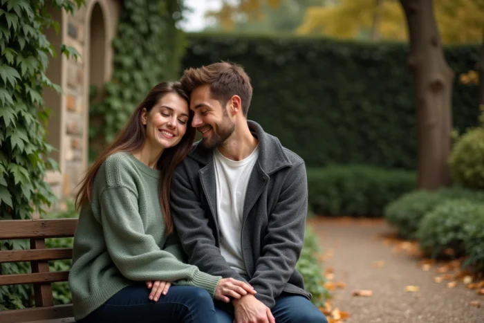 Couple tendrement enlacé sur un banc dans un jardin botanique verdoyant, expression sereine et amoureuse en automne
