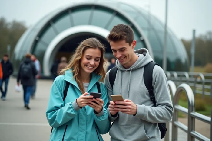 Couple consultant leur smartphone dans la file d'attente d'une attraction du Futuroscope pour optimiser leur temps