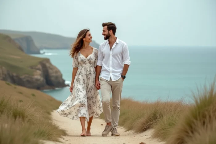 Couple main dans la main se promenant sur un sentier côtier avec vue sur la mer, regard complice et souriant