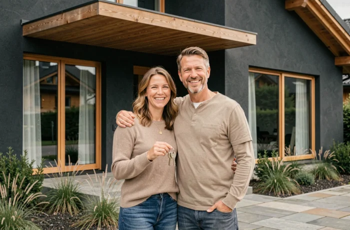 Couple devant leur maison neuve en Suisse tenant les clés à la remise des clés de leur construction