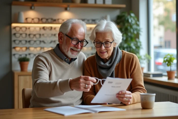 Couple de seniors comparant les remboursements optique mutuelle Itelis en boutique