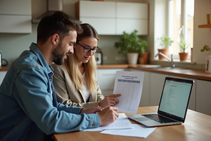 Un couple vérifie le calendrier de déblocage de leur prêt immobilier autour d'un relevé bancaire et d'un ordinateur portable dans leur cuisine