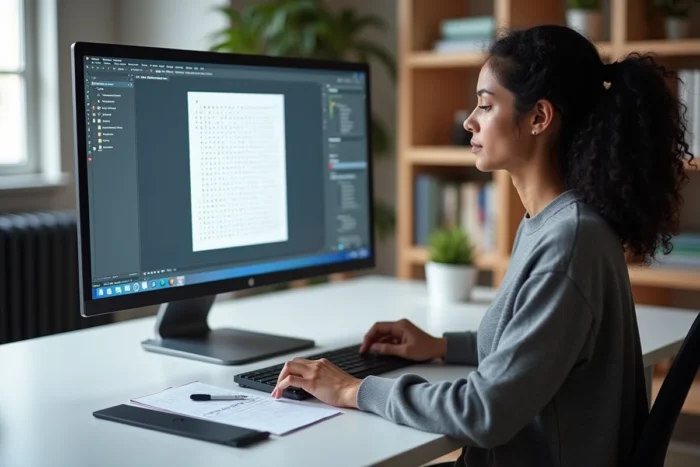 Designer créant un mots mêlés adapté aux malvoyants avec de grands caractères sur ordinateur et version imprimée