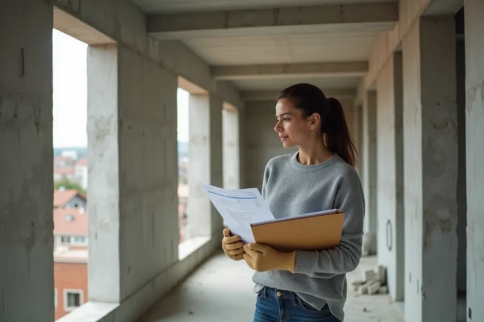 Une propriétaire consulte des factures de construction dans un appartement neuf en cours de chantier lors du déblocage progressif des fonds