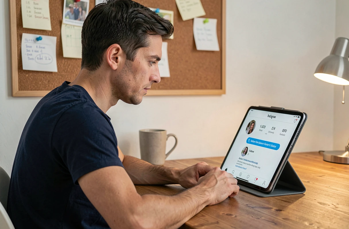 Homme consultant un profil Instagram sur tablette à son bureau pour envoyer une demande d'abonnement