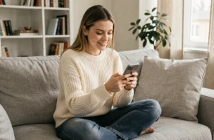 Jeune femme souriante envoyant une demande d'ami sur Instagram depuis son smartphone dans un salon cosy