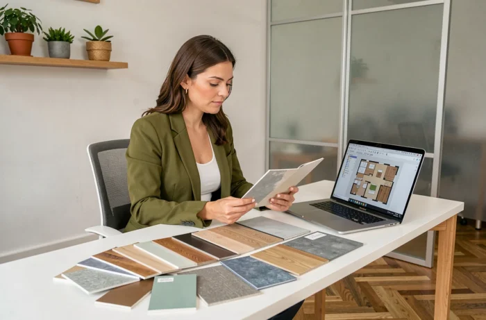 Vrouwelijke interieurontwerper die monsters van materialen vergelijkt voor de decoratie van een nieuw huis in een strak Scandinavisch bureau