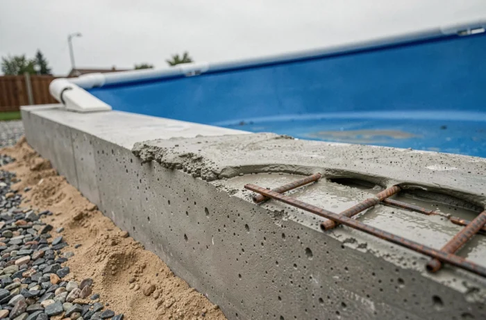 Détail de la ceinture béton avec ferraillage autour d'une piscine coque en fibre de verre
