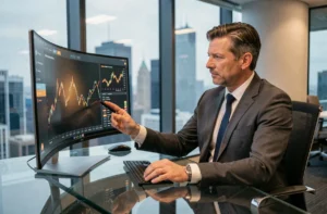 Dirigeant d'entreprise analysant des données blockchain sur un écran incurvé dans un bureau moderne avec vue sur la ville