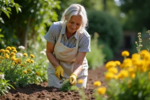 Femme jardinière divisant une touffe de tanaisie avec une fourche à main dans un jardin de cottage, sol visible et fleurs jaunes en arrière-plan