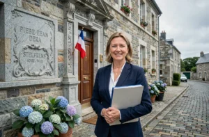 Employée municipale devant un bâtiment communautaire en pierre de la Communauté de Communes du Pays de Guingamp