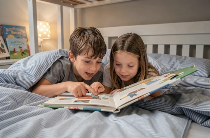 Deux enfants lisent ensemble un livre pop-up illustré dans leur chambre le soir au coucher