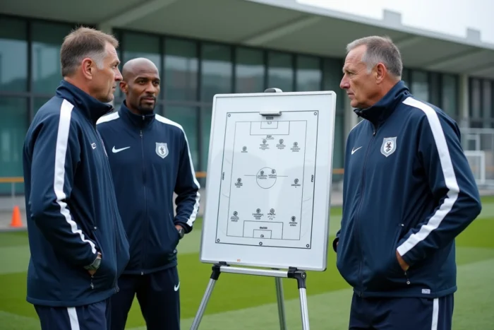 Entraîneurs de football européens analysant des tactiques sur un tableau blanc lors d'une session d'entraînement, illustrant l'héritage tactique de Ruud Gullit sur le football moderne
