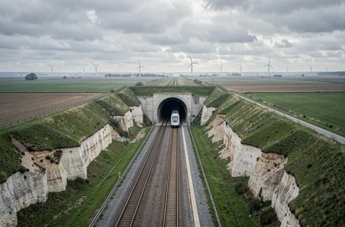 Entrée du tunnel sous la Manche en France avec un train Eurostar approchant sur les voies