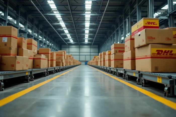 Entrepôt de tri DHL à l'arrêt avec des colis non livrés entassés sur des convoyeurs pendant la grève