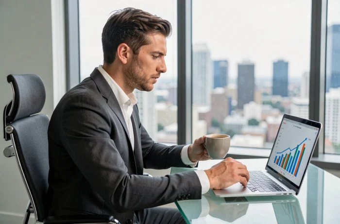 Entrepreneur analysant les métriques de croissance de son entreprise sur un ordinateur portable dans un bureau avec vue sur la ville