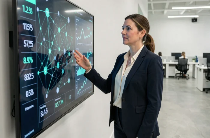 Entrepreneuse présentant un réseau blockchain interactif sur un écran mural dans un espace technologique innovant