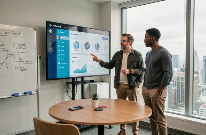 Marketingteam in vergadering rond een interface van een digitaal dienstenplatform op groot scherm