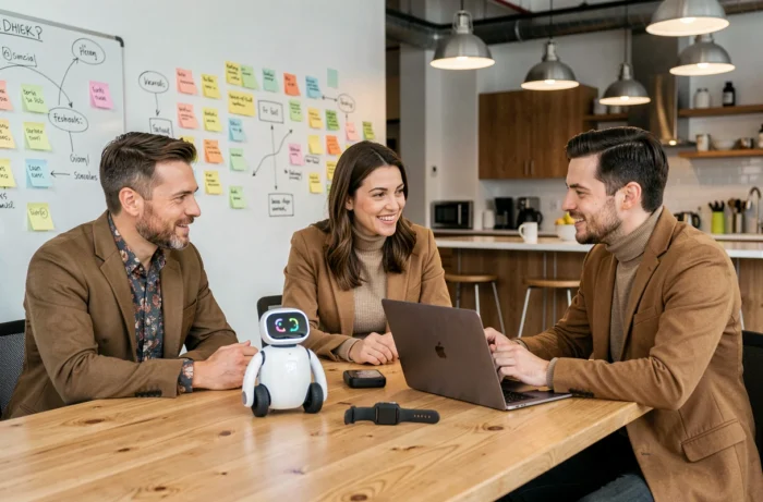 Équipe de passionnés de technologie discutant des derniers gadgets et innovations dans un espace de coworking startup