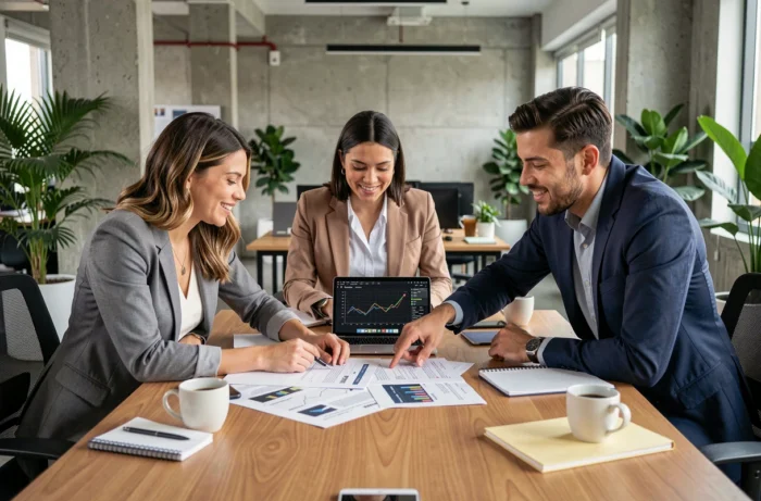 Équipe de professionnels en réunion stratégique autour de documents d'investissement blockchain dans un bureau collaboratif