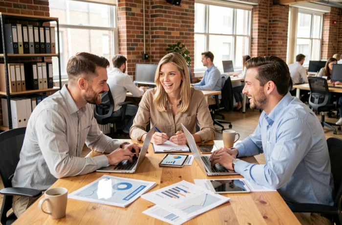 Équipe de professionnels collaborant autour d'une table de réunion avec des outils numériques pour booster la croissance de leur entreprise