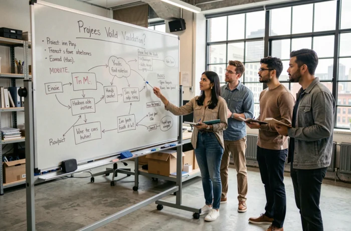 Équipe de startup validant un projet entrepreneurial devant un tableau blanc lors d'un atelier collaboratif