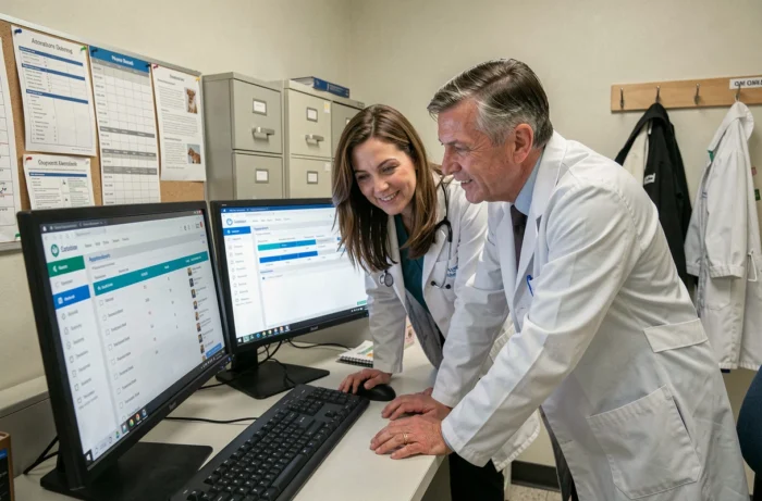 Deux vétérinaires collaborant sur le logiciel GMVET 1 devant un poste de travail dans le bureau administratif d'une clinique vétérinaire