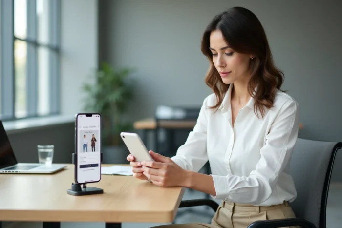 Femme professionnelle accédant à son espace habillement depuis son smartphone au bureau