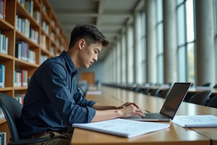 Étudiant en école d'ingénieurs travaillant sur ordinateur portable dans une bibliothèque universitaire pour organiser ses rattrapages