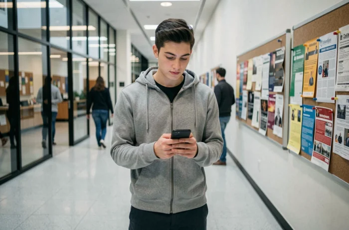 Étudiant de l'UPHF utilisant une application mobile pour accéder aux ressources universitaires cachées dans un couloir du campus