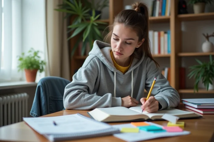 Étudiante organisée révisant ses cours sur un bureau en bois avec des fiches et manuels pour préparer ses examens ENSAM