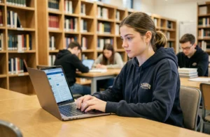 Étudiante de l'UPHF accédant aux services en ligne de l'université sur un ordinateur portable dans la bibliothèque universitaire