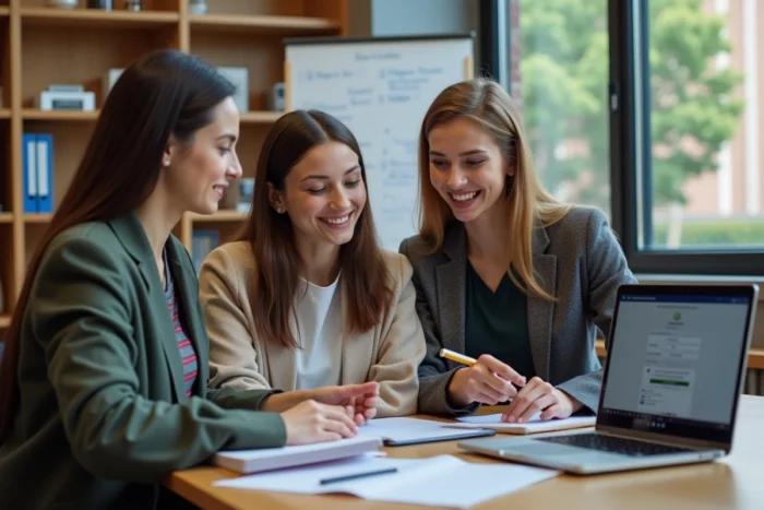 Groupe d'étudiants consultant le portail RNCP pour s'inscrire en licence professionnelle en alternance dans une salle d'étude universitaire