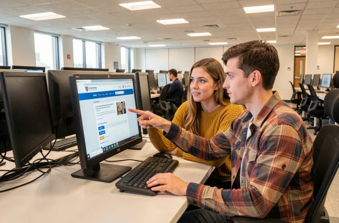 Deux étudiants de l'UPHF collaborant sur un poste informatique pour accéder aux ressources et services numériques cachés de l'université