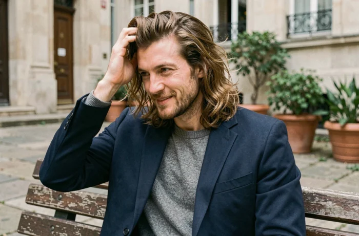 Homme aux extensions de cheveux ondulées posant en extérieur dans une cour urbaine