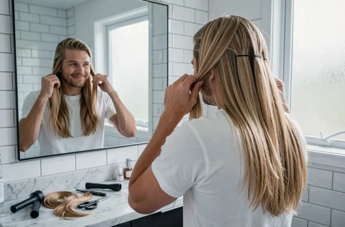Homme inspectant ses extensions de cheveux à ruban devant un miroir de salle de bain
