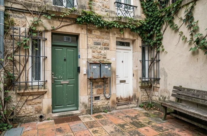 Façade d'un immeuble résidentiel français de deux lots avec boîtes aux lettres distinctes et cour partagée illustrant une petite copropriété