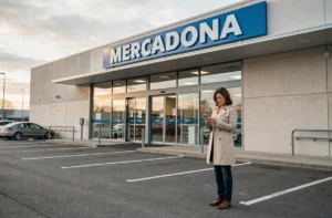 Façade extérieure d'un supermarché Mercadona en France avec une cliente devant l'entrée consultant son téléphone